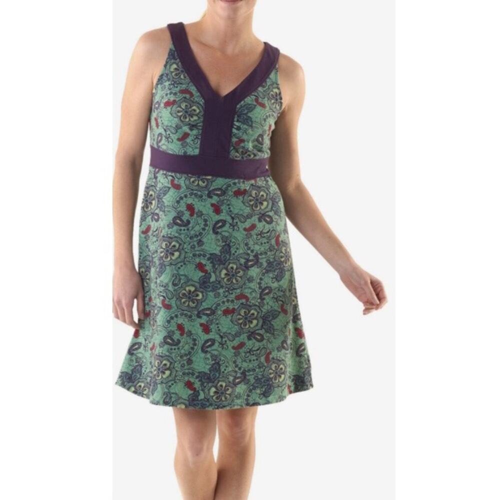 REI Co-op Sea Green/Purple/Pink Paisley Floral V-Neck Athletic Dress Knee Length